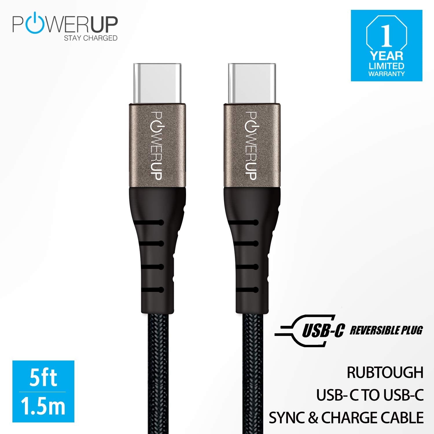 Powerup Usb-c To Usb-c Charging & Sync Cable With 1 Years Warranty - Black