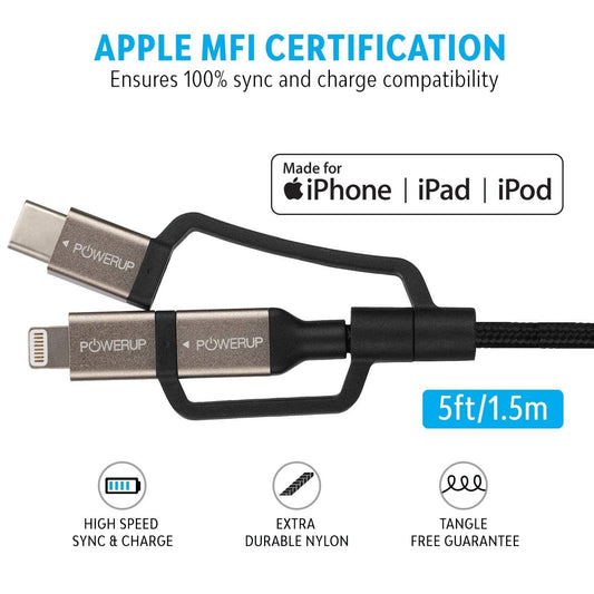 Powerup 1.5m Alu-rubtough 3in1 Lightning Cable + Micro Usb + Usb-c With 1 Year Warranty - Black