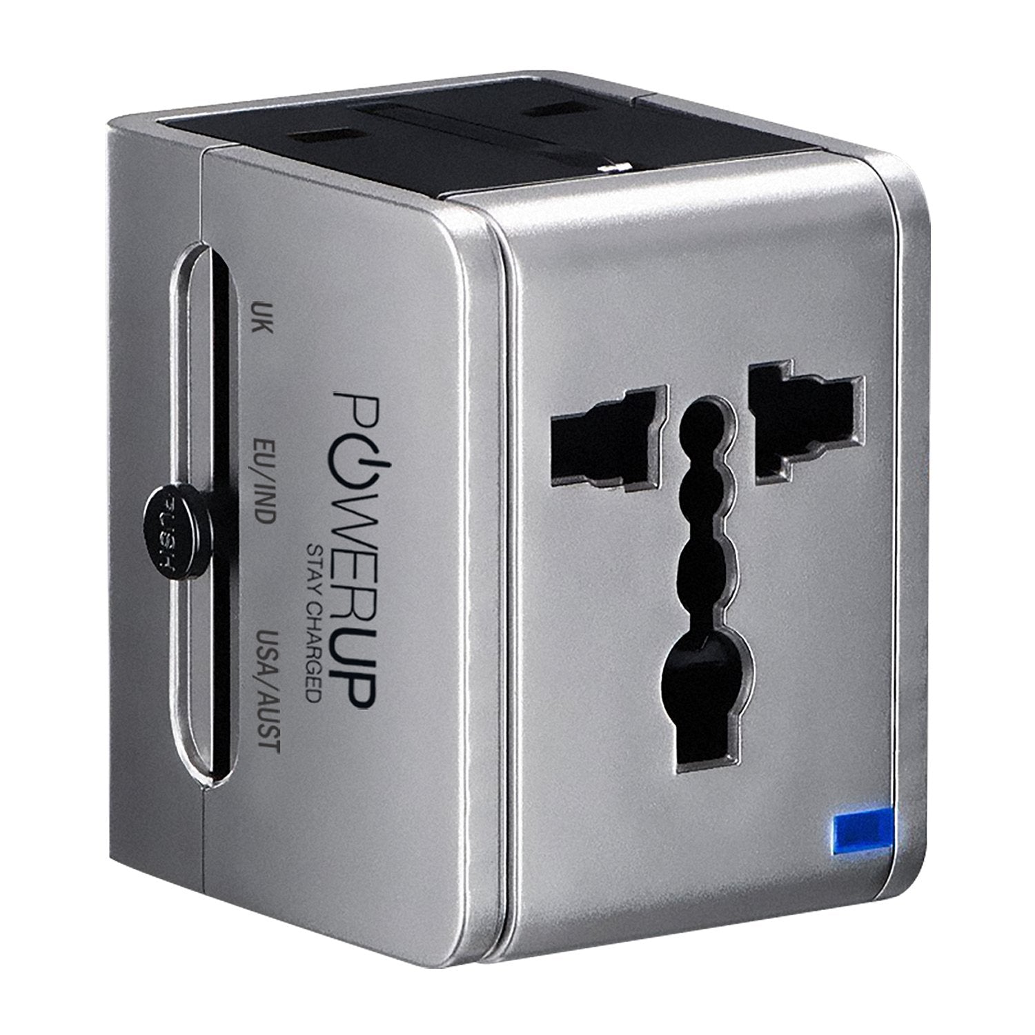 Powerup 2.1a World Travel Adapter Uk, Au, Us, Eu/ind With 2 Usb Port & Wall Charger - Silver