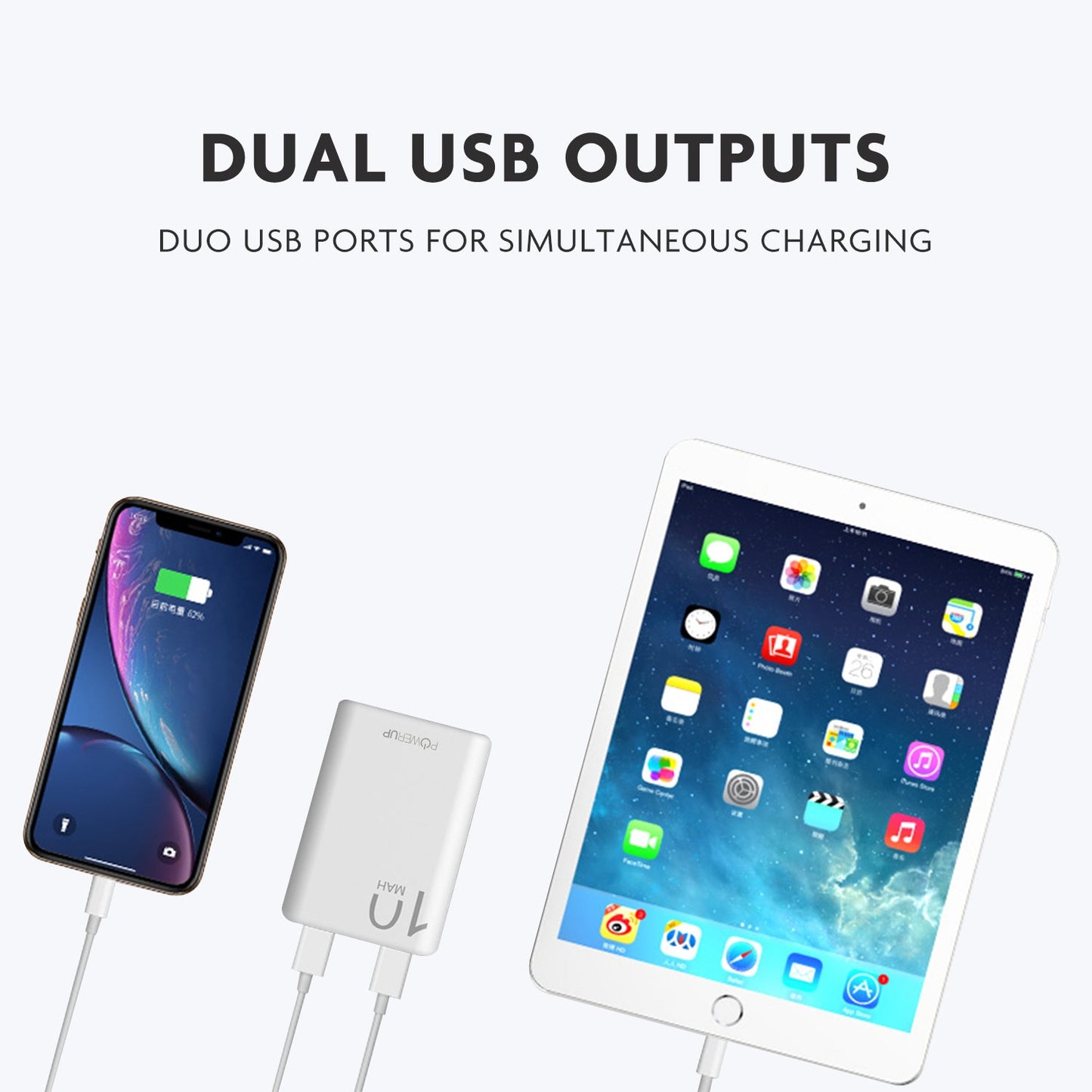 Powerup Small & Lightweight Ultra - Compact 10000mah Power Bank 2usb - White