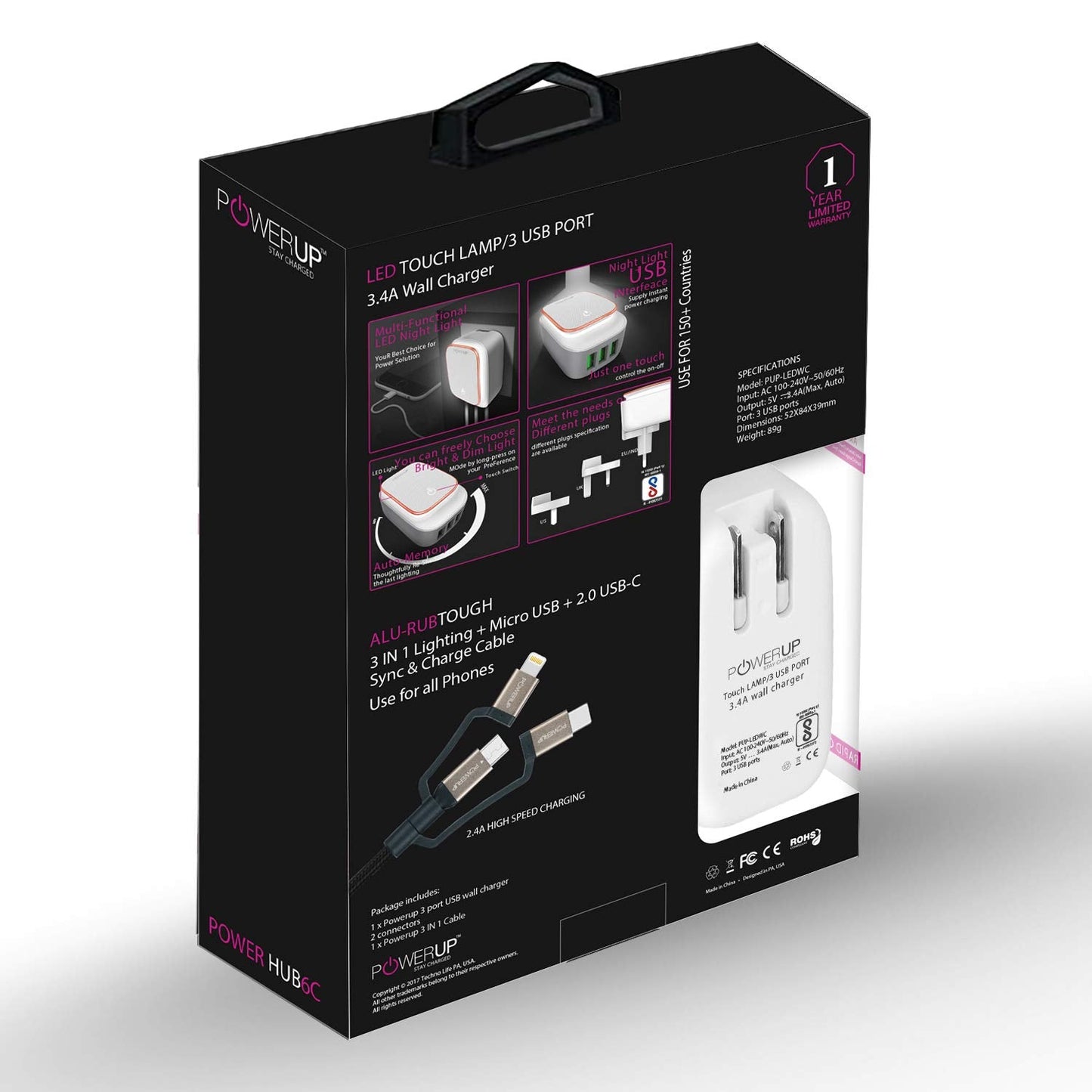 Powerup Led Wall Charger (For All Countries) + 3in1 Cable 1.5m