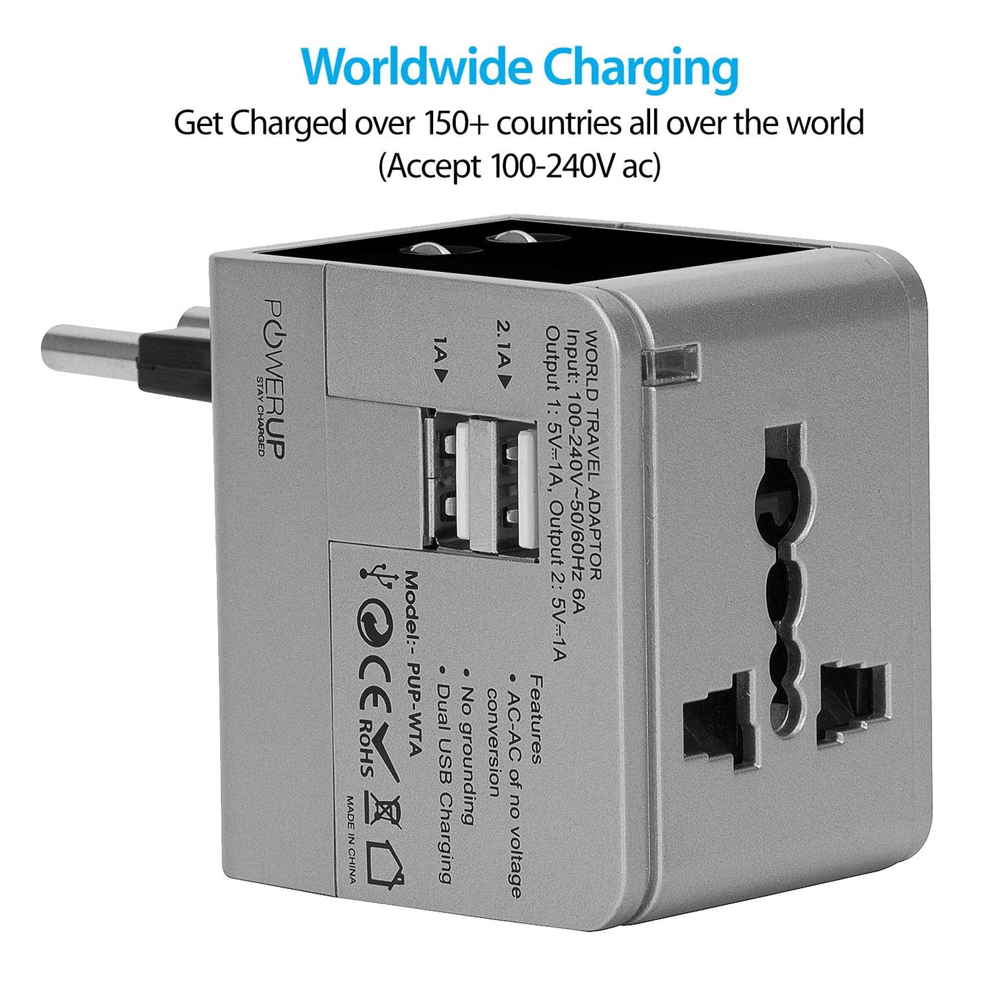 Powerup 2.1a World Travel Adapter Uk, Au, Us, Eu/ind With 2 Usb Port & Wall Charger - Silver