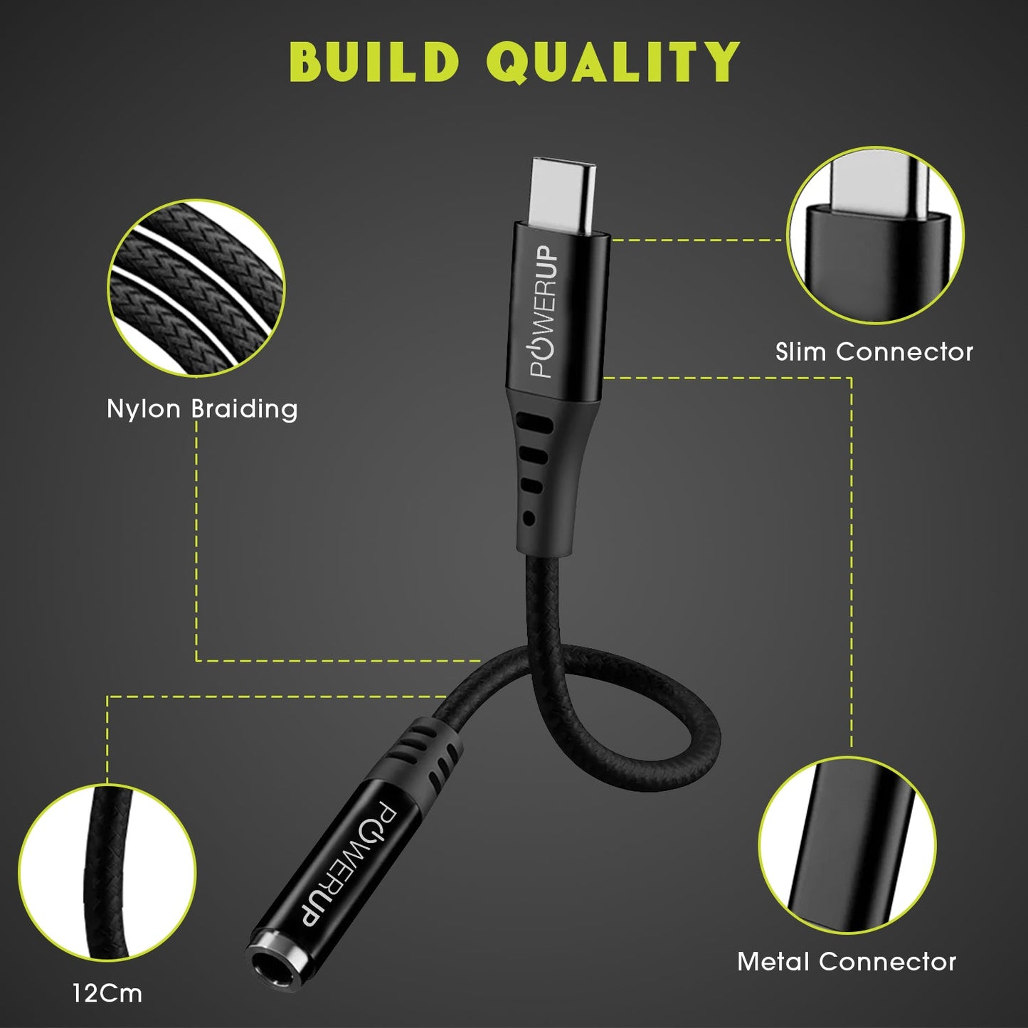 Powerup 12cm Type-c To Aux Cable - Black