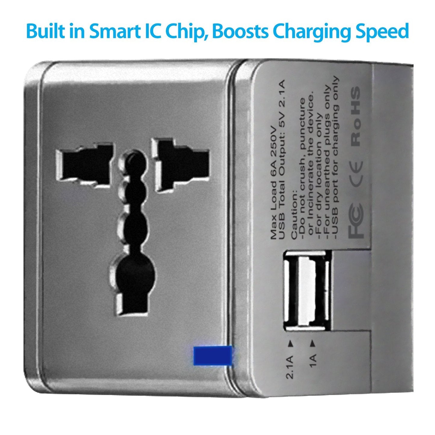Powerup 2.1a World Travel Adapter Uk, Au, Us, Eu/ind With 2 Usb Port & Wall Charger - Silver