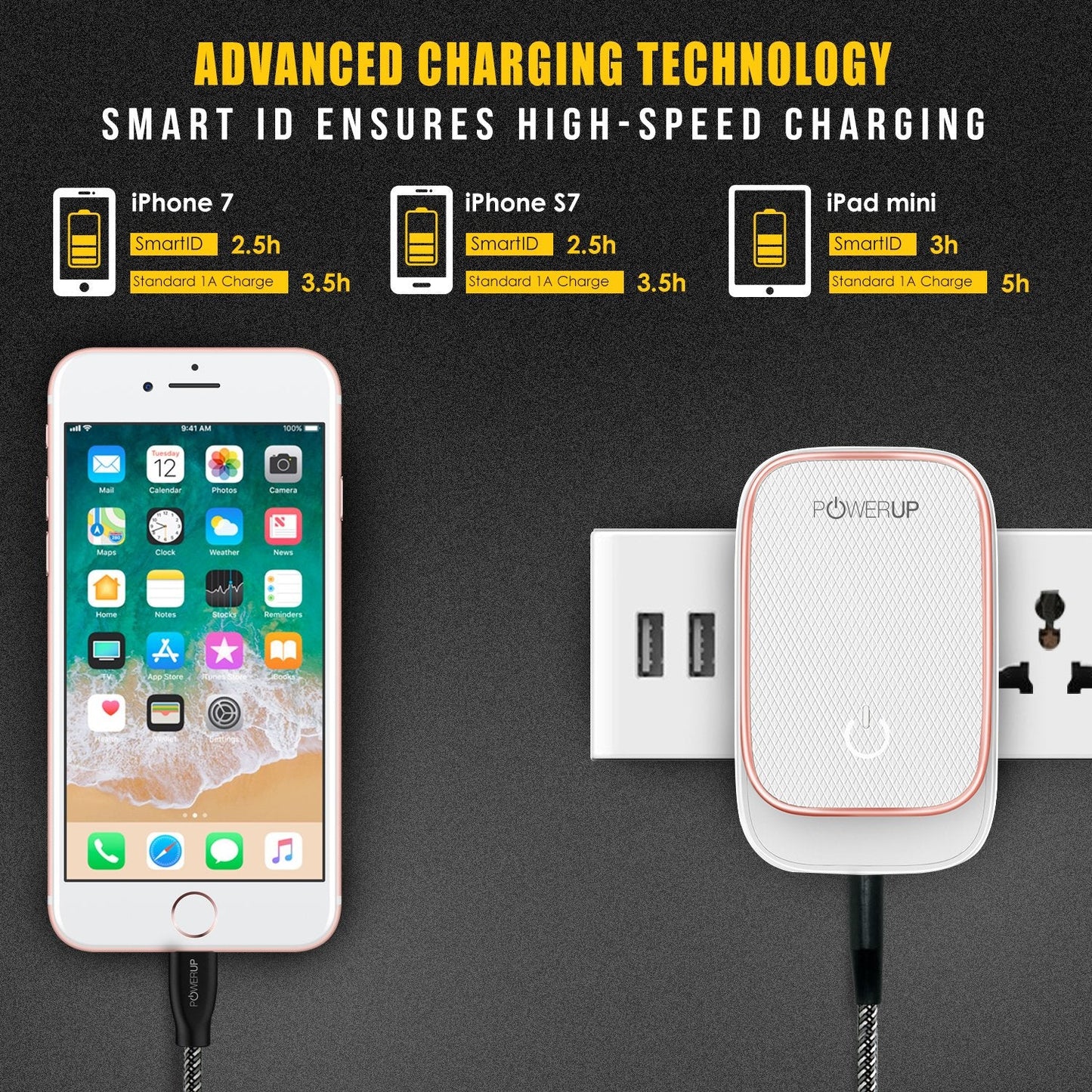 Powerup Led Touch Lamp 3.4a Wall Charger 17w 3usb Port Ultra Smart - White