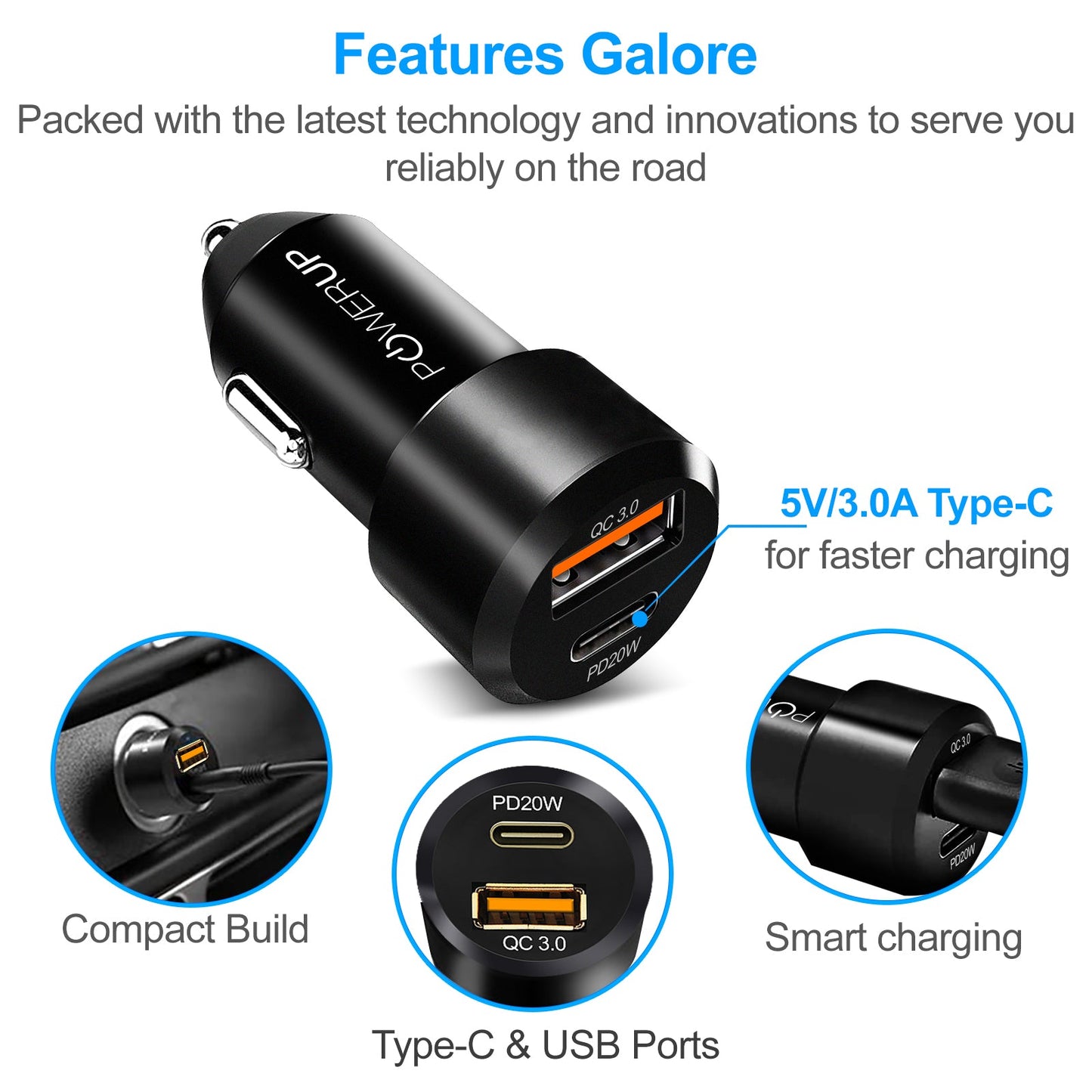 Powerup Type-c Quick Car Charger - Black