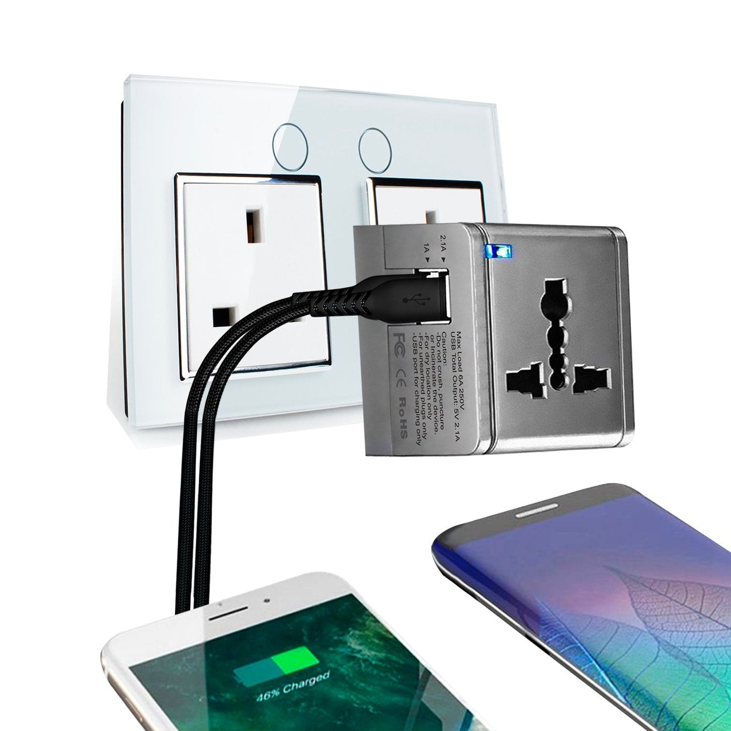 Powerup 2.1a World Travel Adapter Uk, Au, Us, Eu/ind With 2 Usb Port & Wall Charger - Silver