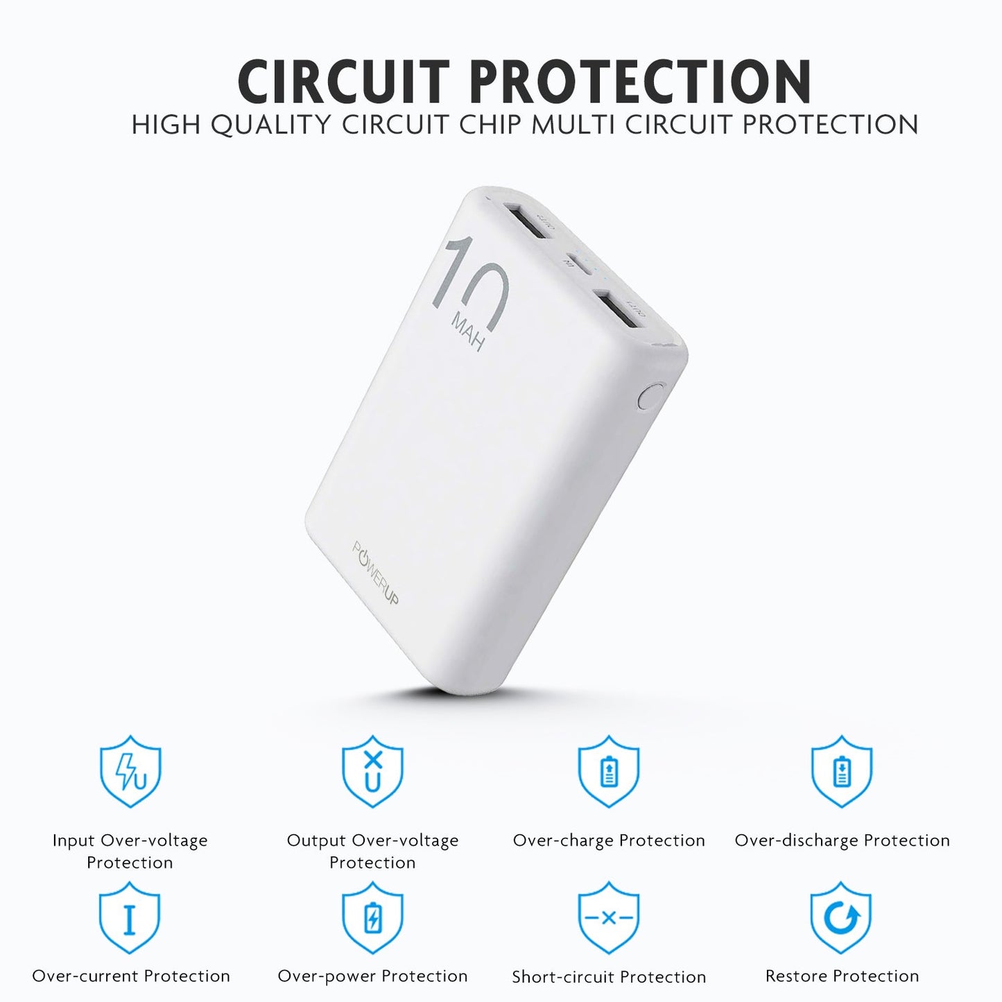 Powerup Small & Lightweight Ultra - Compact 10000mah Power Bank 2usb - White