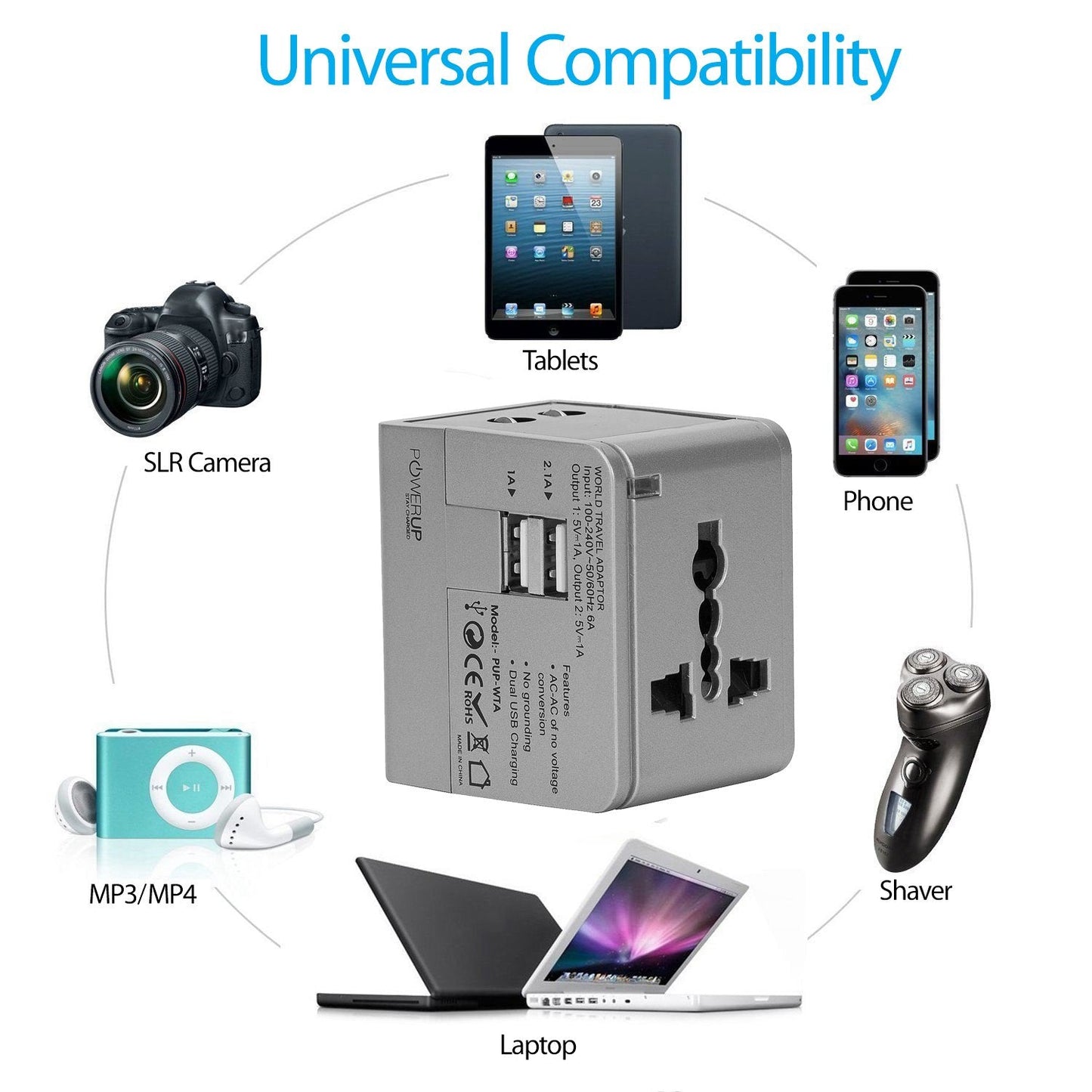 Powerup 2.1a World Travel Adapter Uk, Au, Us, Eu/ind With 2 Usb Port & Wall Charger - Silver