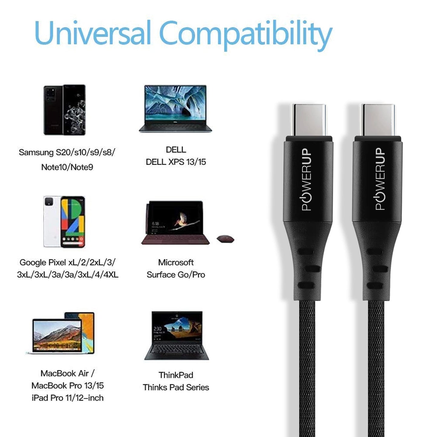 Powerup 1.5m Usb-c To Usb-c Charging & Sync Cable 60w - Black