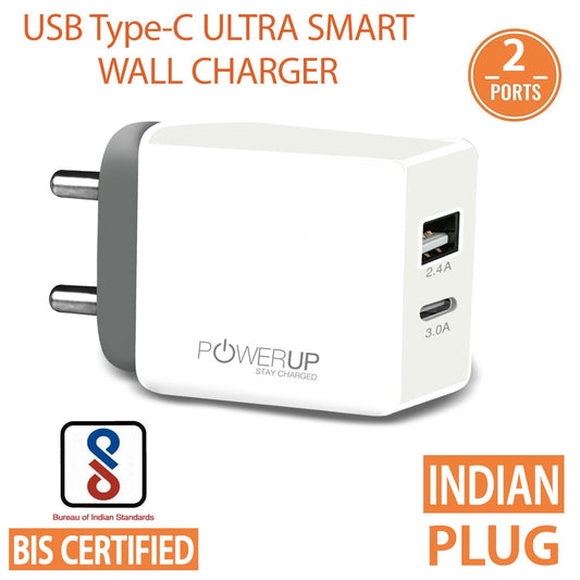 Powerup Amp 3.4a Wall Charger Usb Type-c 2.4a+type-c 3.0a Output 17w 2usb Port Ultra Smart - White