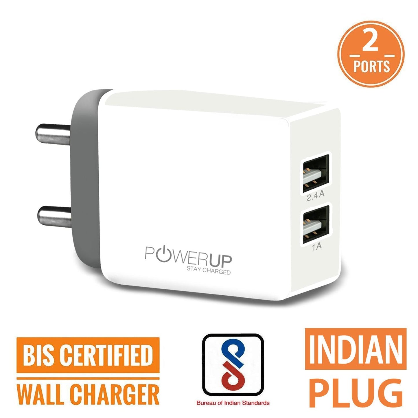 Powerup Amp 3.4a Wall Charger 17w 2usb Port Ultra Smart - White