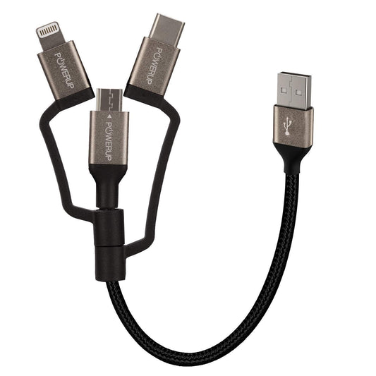 Powerup 3in1, 12cm Lenghth, 2.4a Charging & Sync Cable With 1 Years Warranty - Black