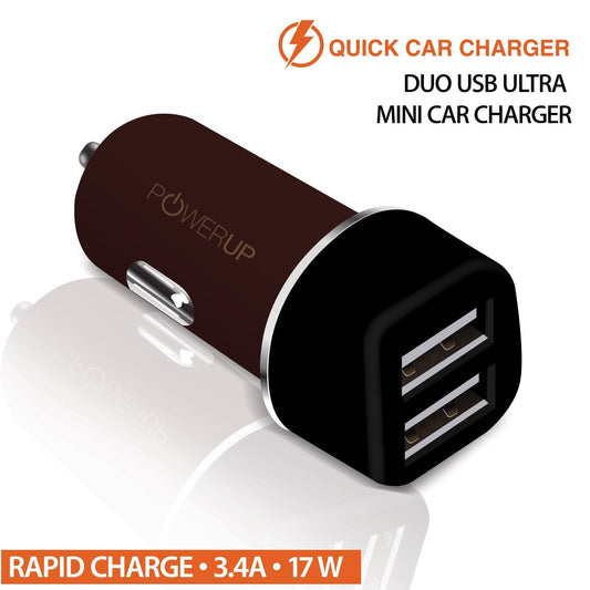 Powerup Mini Drive 3.4a Car Charger 17w 2usb Port Ultra Sleek Rubber Finish - Brown