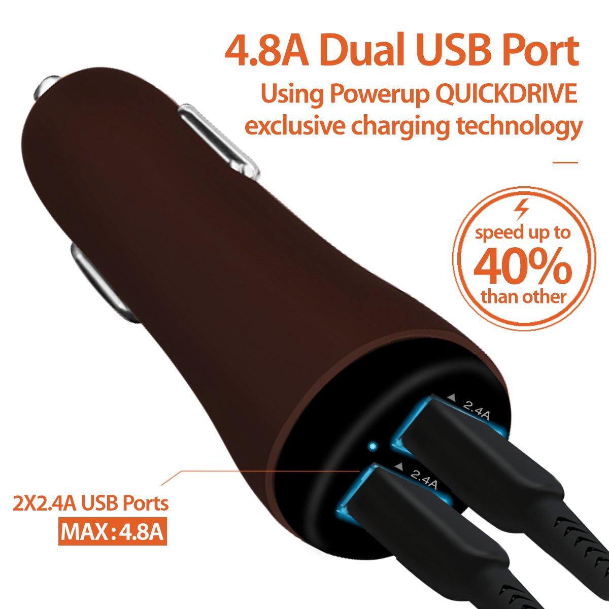 Powerup Quick Drive 4.8a Car Charger 24w 2usb Port Ultra Sleek Rubber Finish - Brown