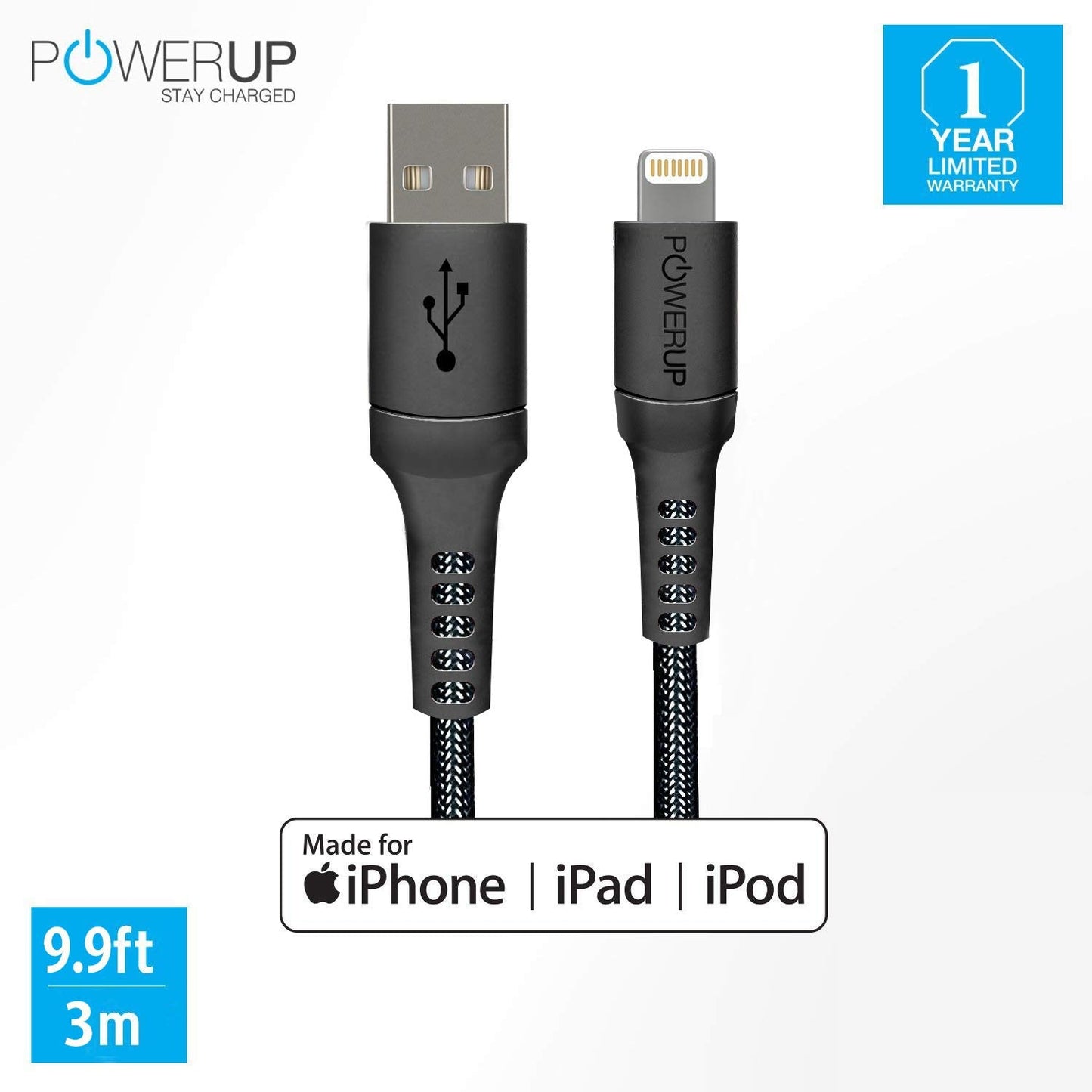 Powerup 3m Rubtough Apple Certified Charge & Sync Lightning Cable - Black