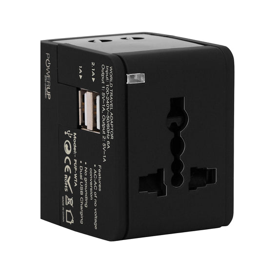 Powerup 2.1a World Travel Adapter Uk, Au, Us, Eu/ind With 2 Usb Port & Wall Charger - Black
