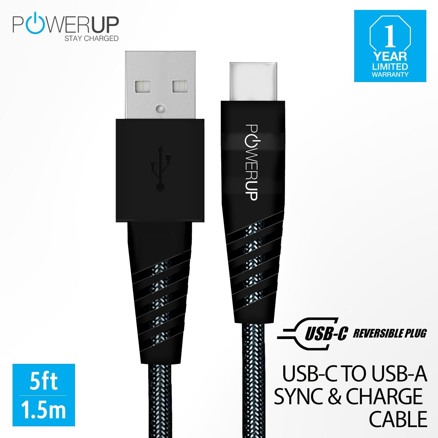 Powerup 1.5m Rubtough Usb-c To Usb-a Quick Charging Cable With 1 Year Warranty - Black