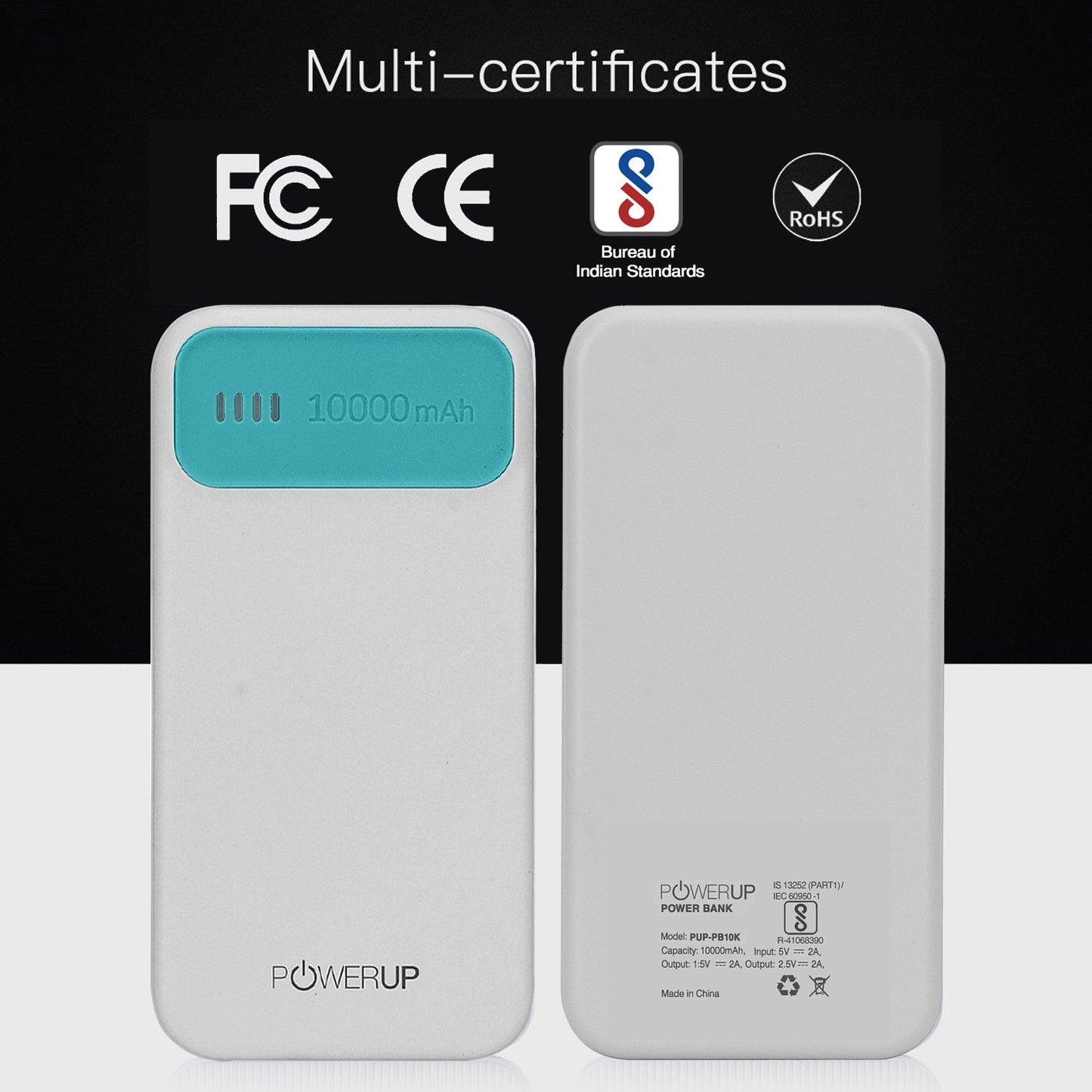 Powerup Powerpac 10000mah Power Bank With 2usb Port - White