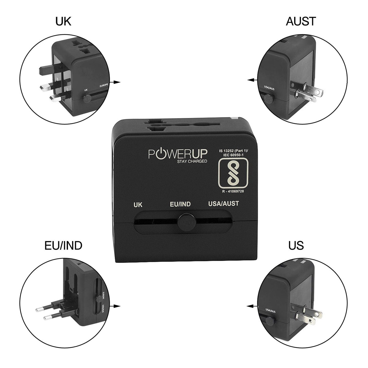 Powerup 2.1a World Travel Adapter Uk, Au, Us, Eu/ind With 2 Usb Port & Wall Charger - Black