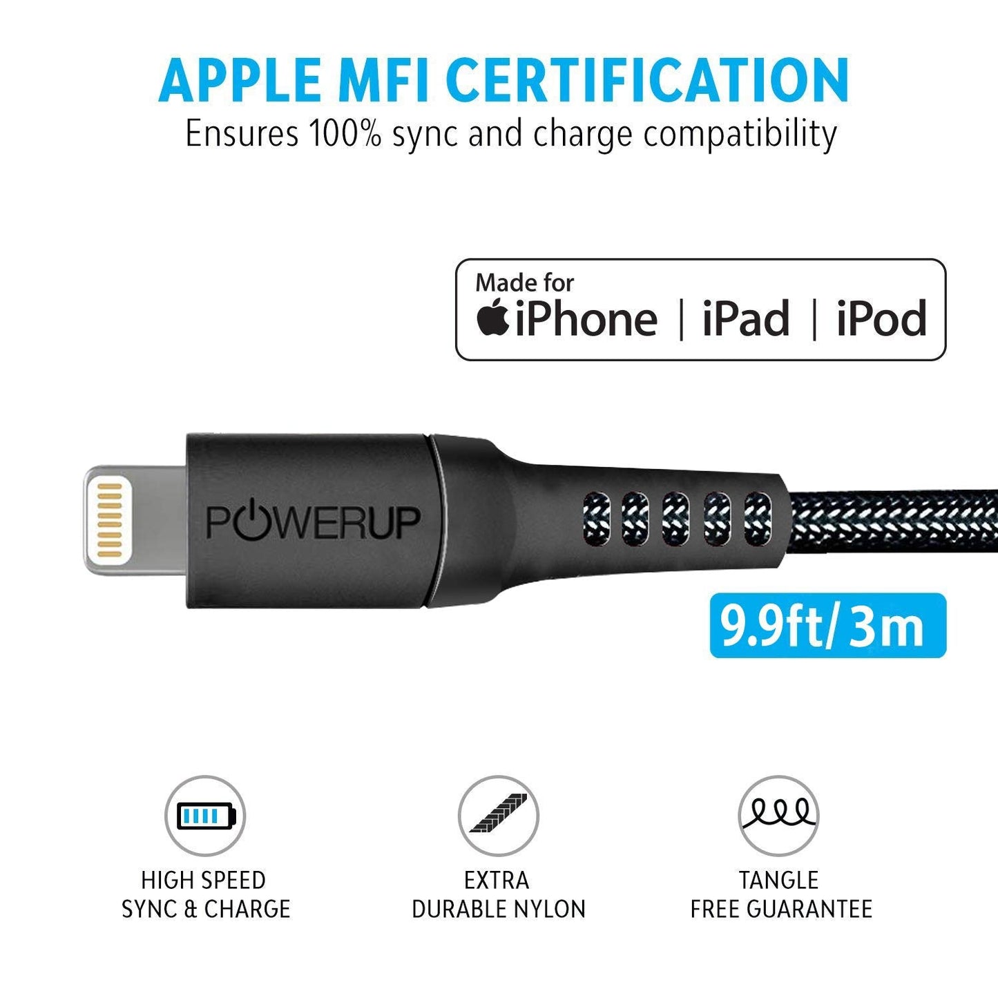 Powerup 3m Rubtough Apple Certified Charge & Sync Lightning Cable - Black
