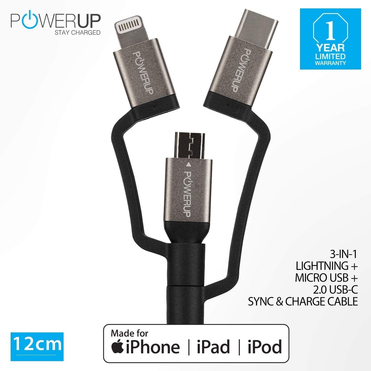 Powerup 3in1, 12cm Lenghth, 2.4a Charging & Sync Cable With 1 Years Warranty - Black