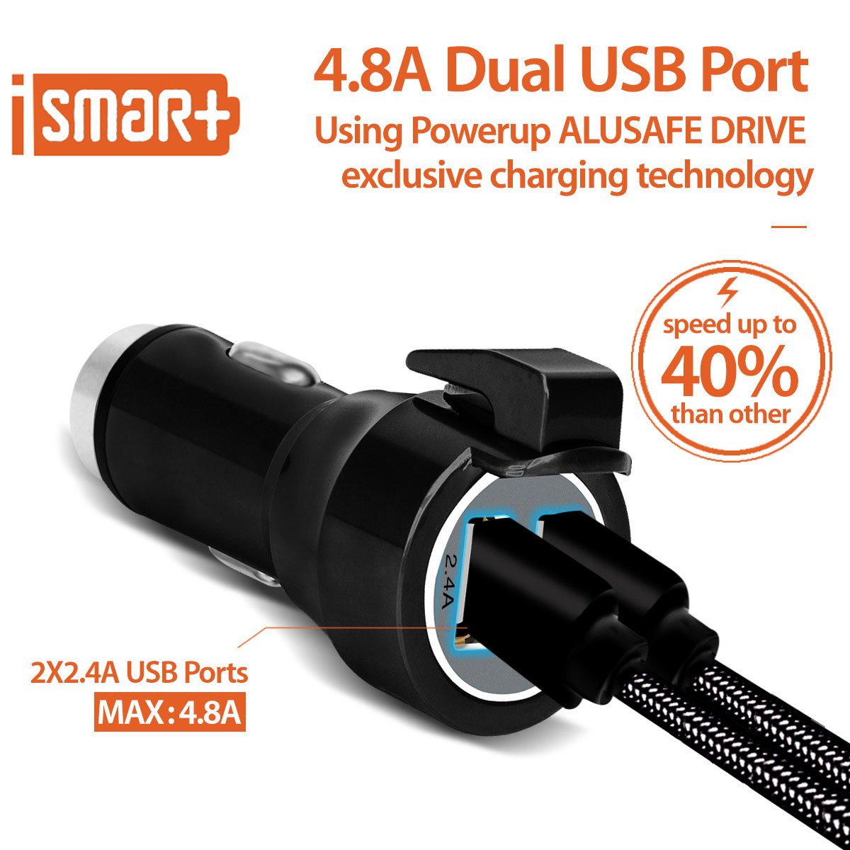 Powerup 4.8a Hammer Aluminium Car Charger Duo Usb Port - Black