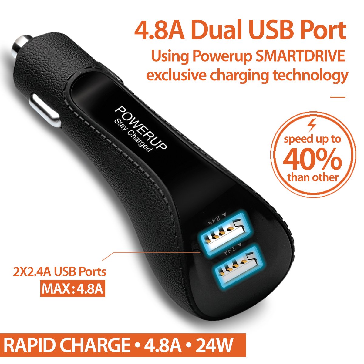 Powerup 4.8a Car Charger Fast Drive 2 Usb Port Ultra Smart - Black