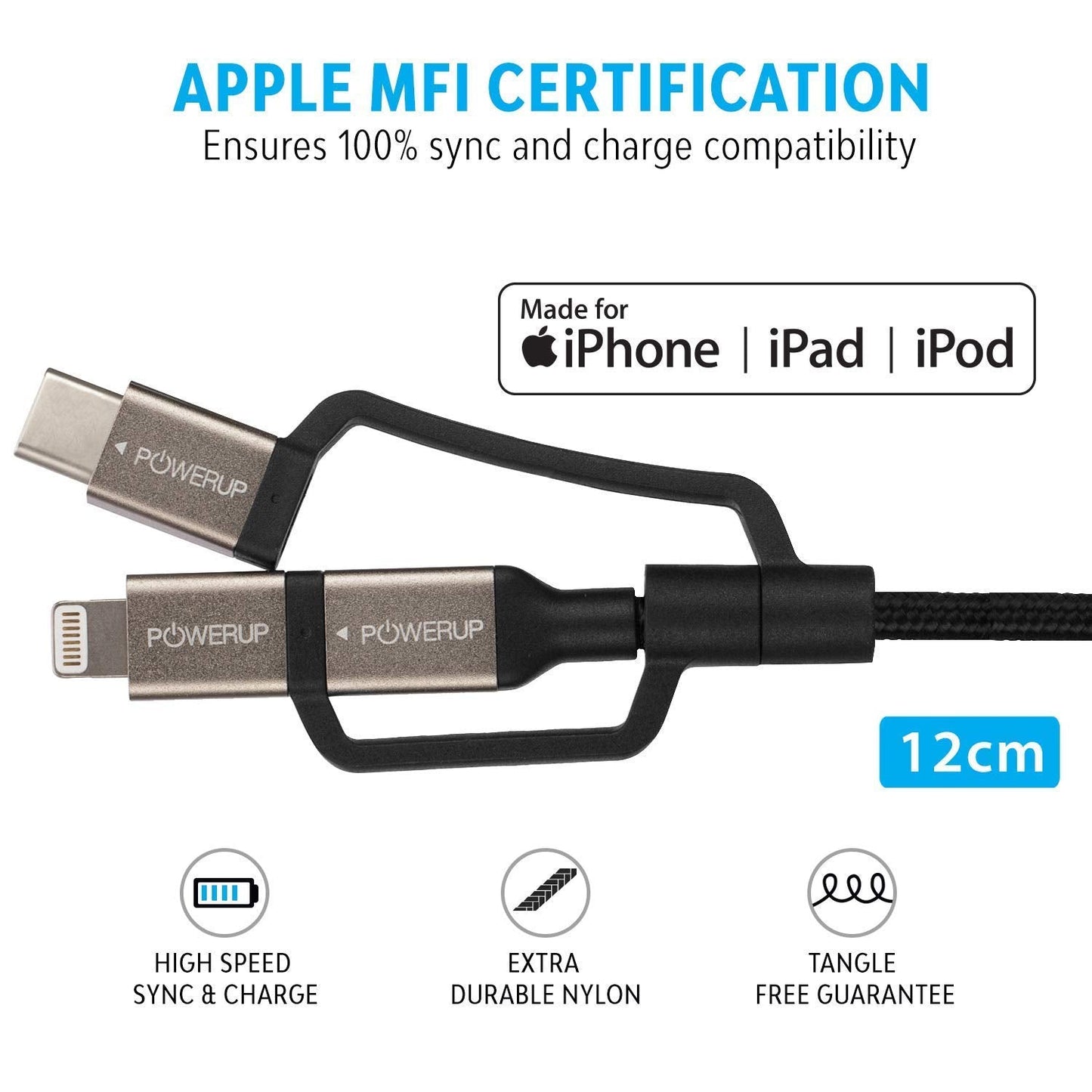 Powerup 3in1, 12cm Lenghth, 2.4a Charging & Sync Cable With 1 Years Warranty - Black