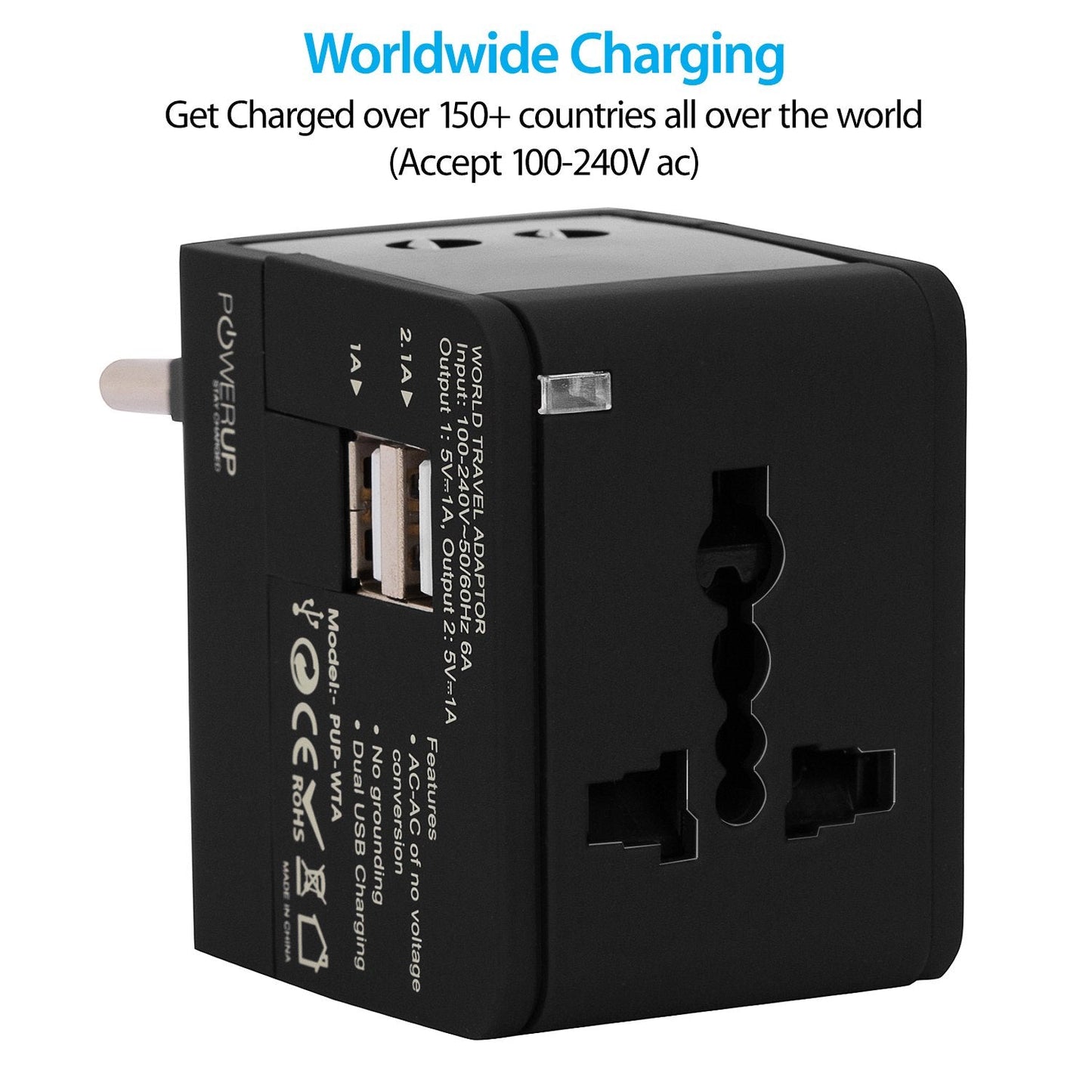 Powerup 2.1a World Travel Adapter Uk, Au, Us, Eu/ind With 2 Usb Port & Wall Charger - Black