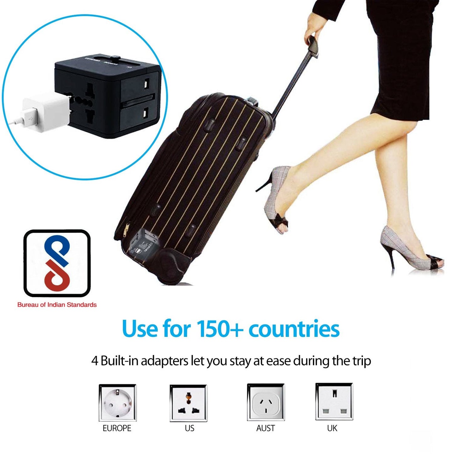 Powerup 2.1a World Travel Adapter Uk, Au, Us, Eu/ind With 2 Usb Port & Wall Charger - Black