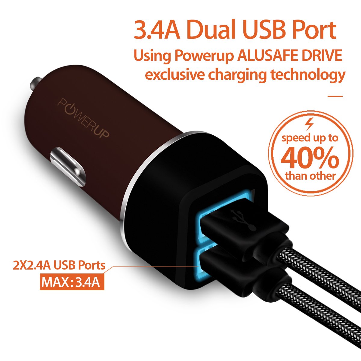 Powerup Mini Drive 3.4a Car Charger 17w 2usb Port Ultra Sleek Rubber Finish - Brown