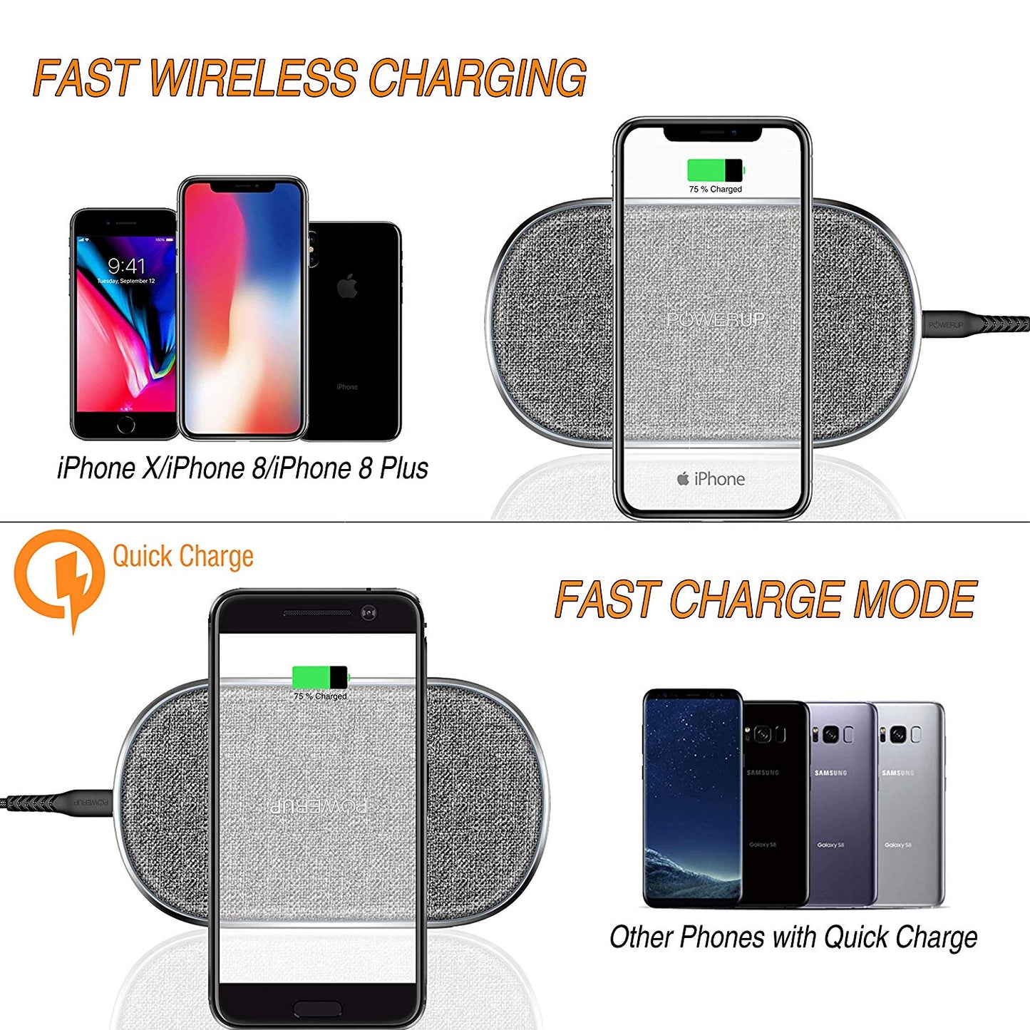 Powerup Power Desk Wireless Charger Dual Coil 15w Quick Charger - Grey