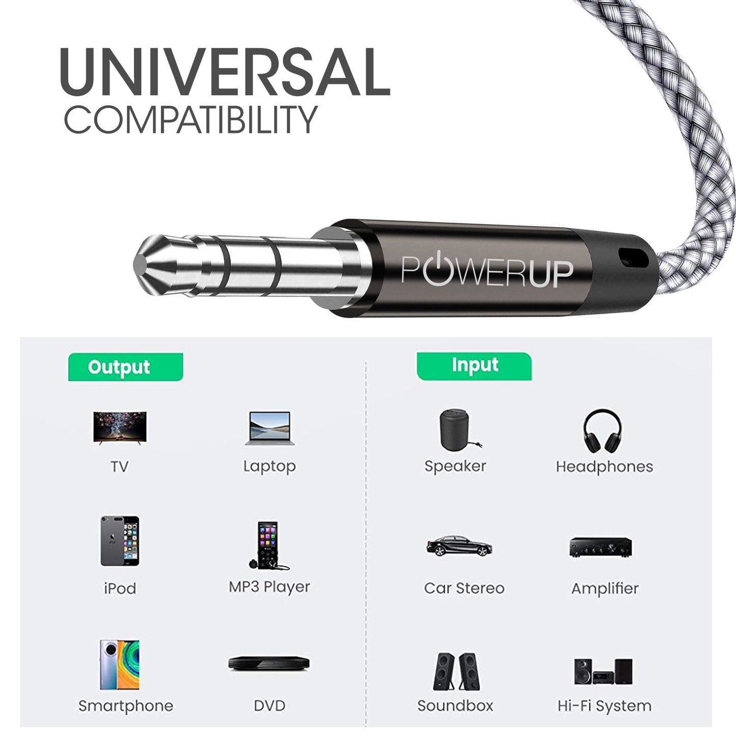 Powerup 1.2m Metal Aux Cable - Grey