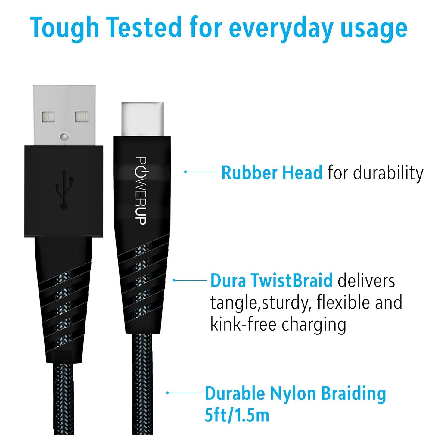 Powerup 1.5m Rubtough Usb-c To Usb-a Quick Charging Cable With 1 Year Warranty - Black