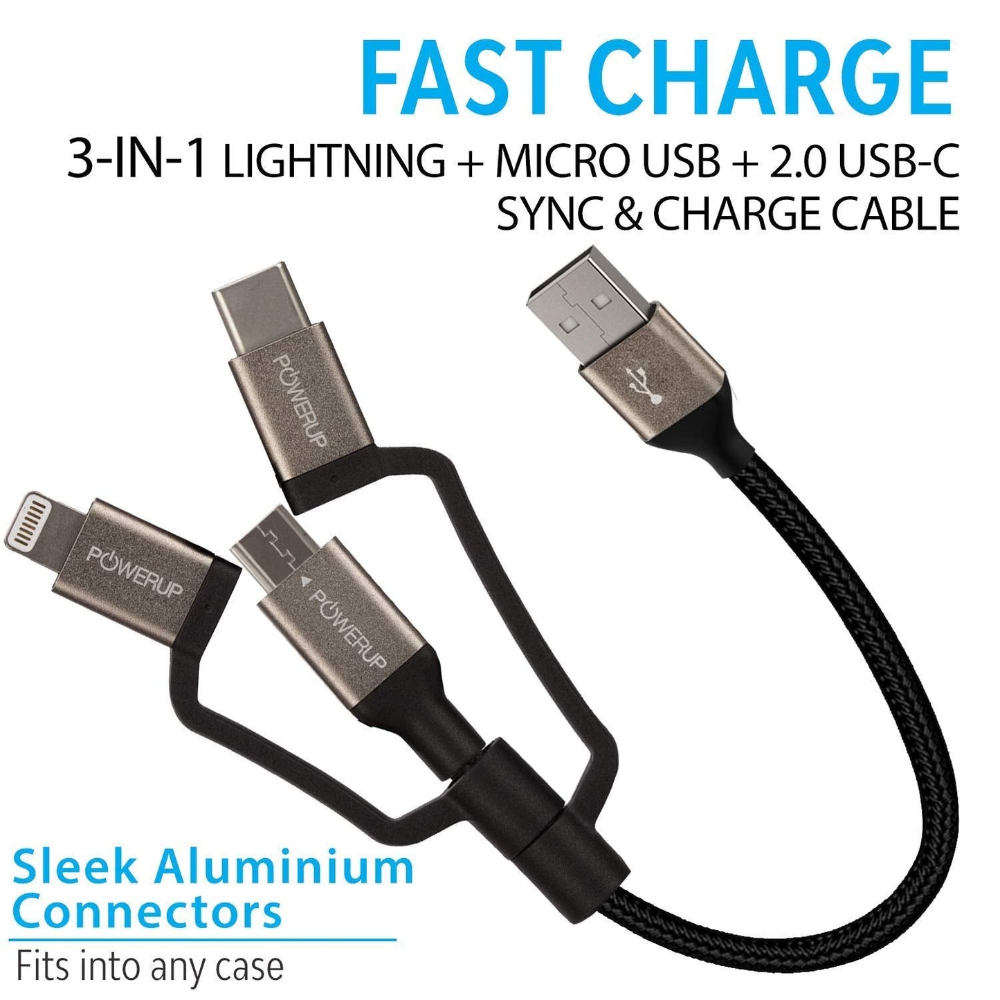 Powerup 3in1, 12cm Lenghth, 2.4a Charging & Sync Cable With 1 Years Warranty - Black