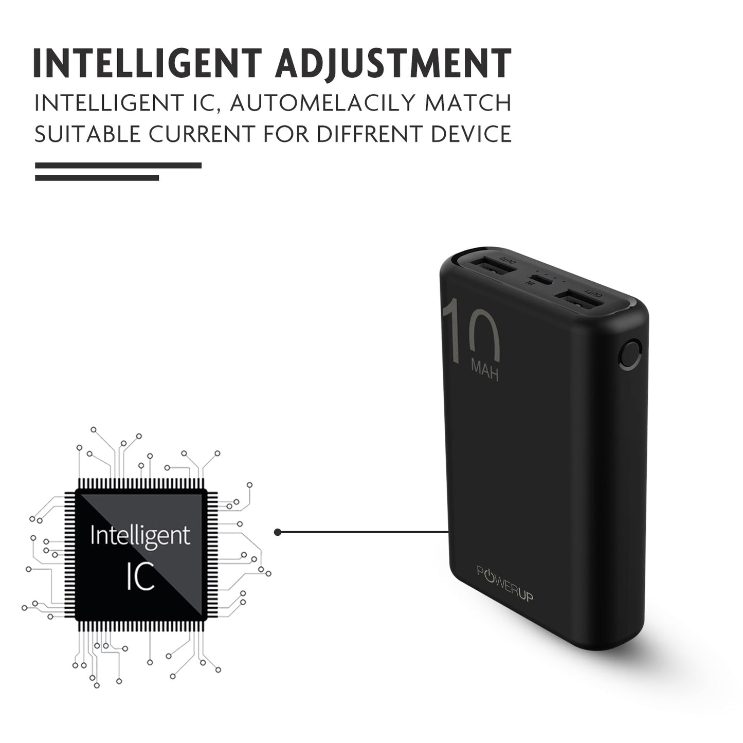 Powerup Small & Lightweight Ultra - Compact 10000mah Power Bank 2usb - Black