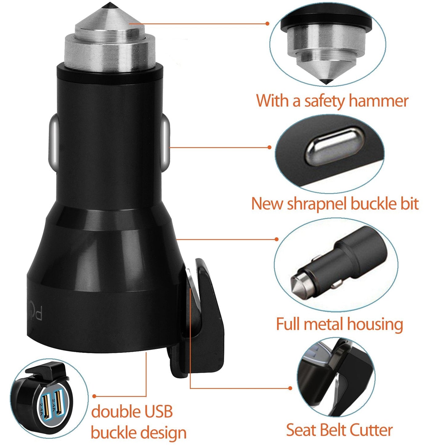 Powerup 4.8a Hammer Aluminium Car Charger Duo Usb Port - Black