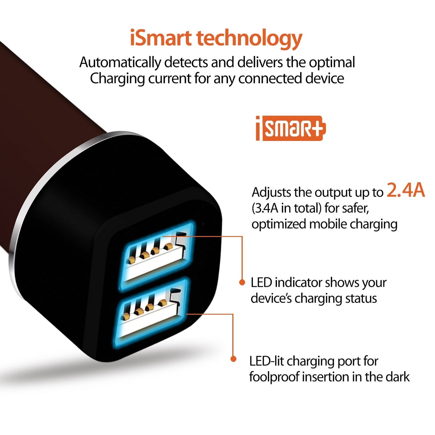 Powerup Mini Drive 3.4a Car Charger 17w 2usb Port Ultra Sleek Rubber Finish - Brown