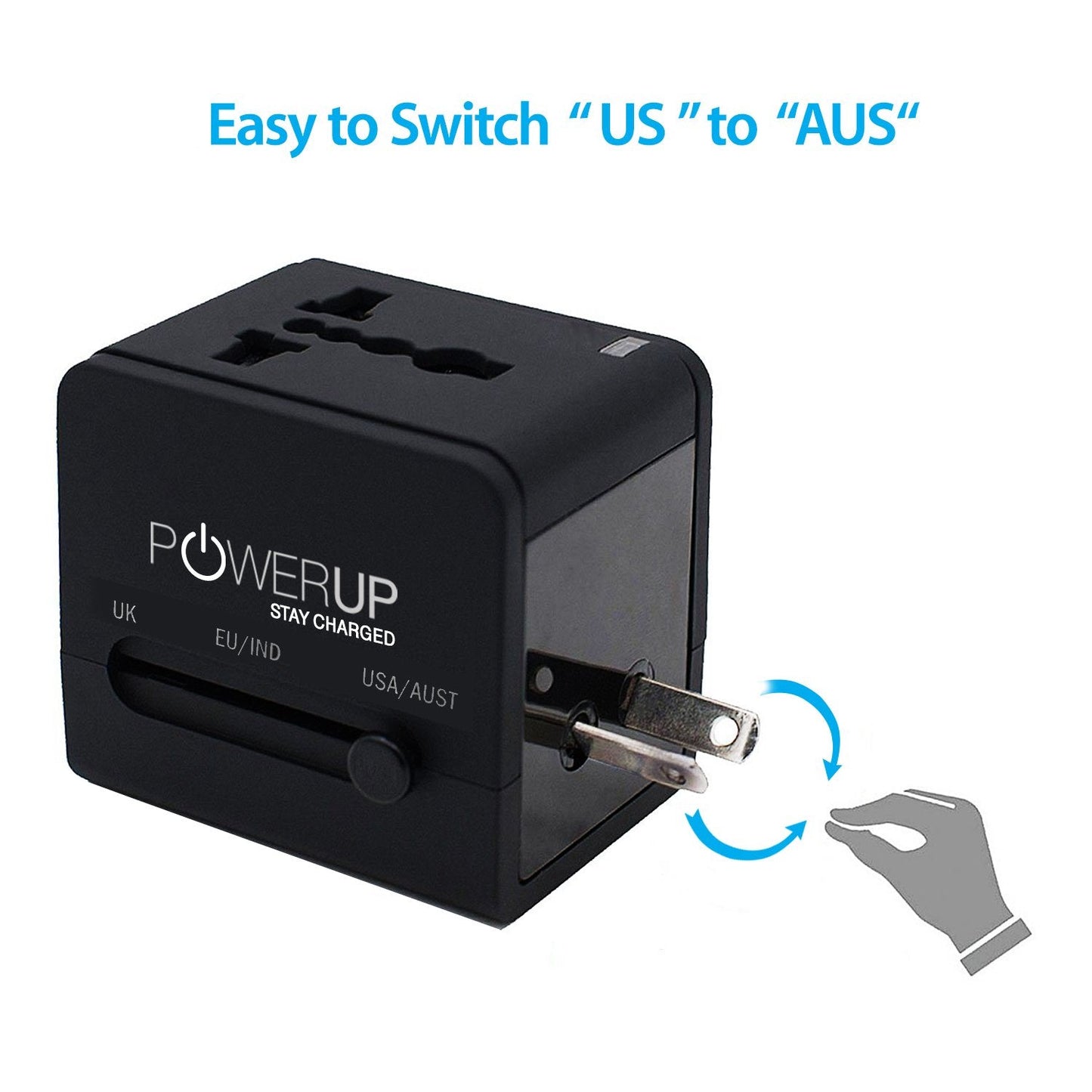 Powerup 2.1a World Travel Adapter Uk, Au, Us, Eu/ind With 2 Usb Port & Wall Charger - Black