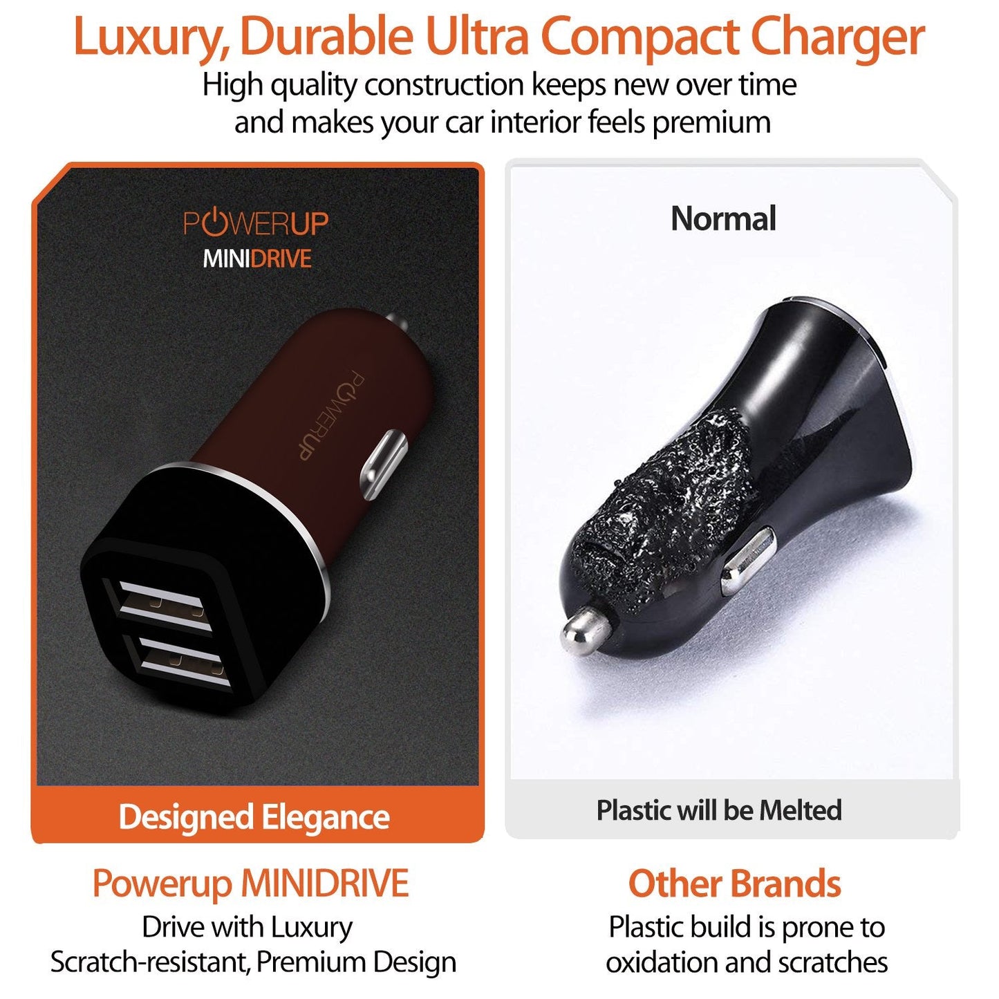 Powerup Mini Drive 3.4a Car Charger 17w 2usb Port Ultra Sleek Rubber Finish - Brown