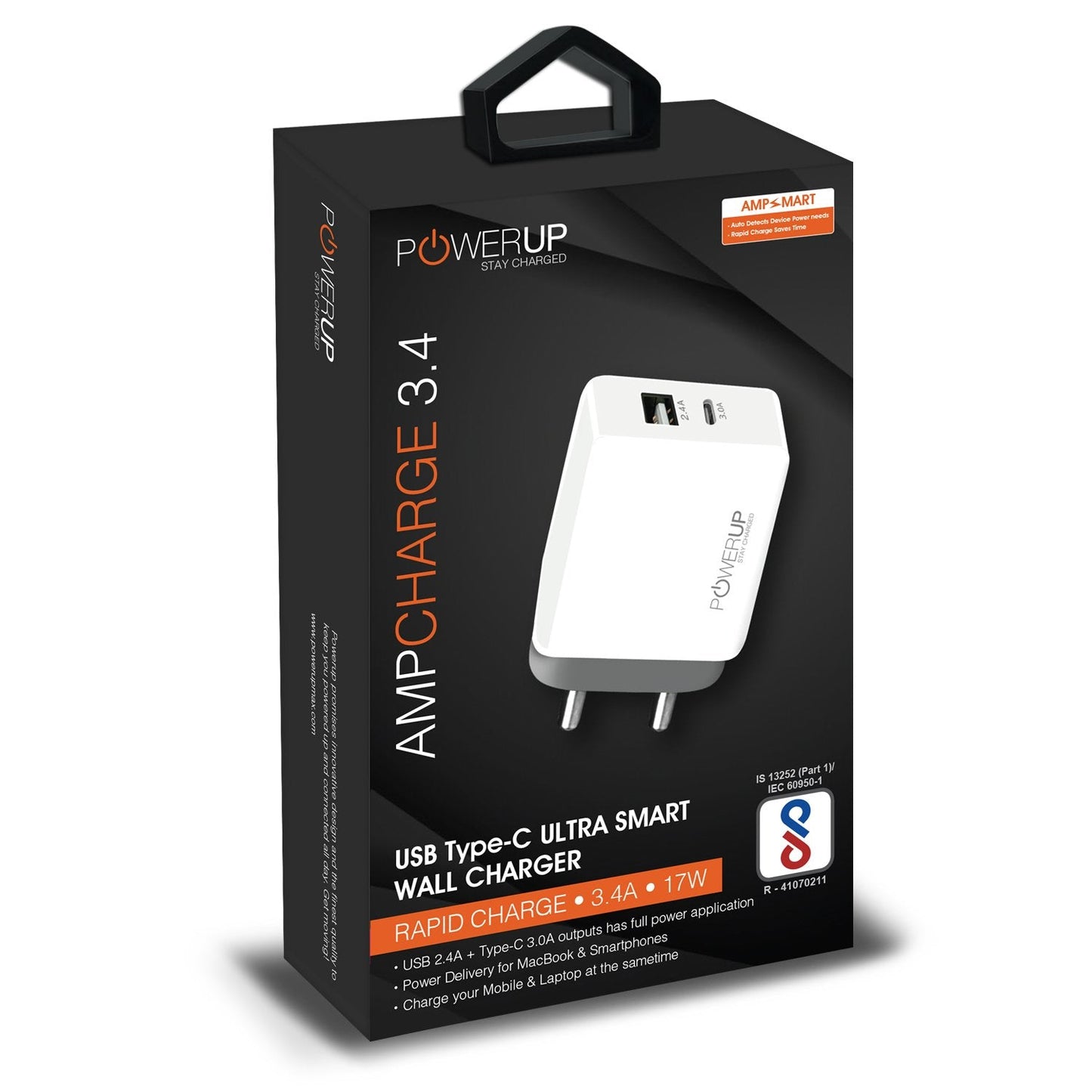 Powerup Amp 3.4a Wall Charger Usb Type-c 2.4a+type-c 3.0a Output 17w 2usb Port Ultra Smart - White