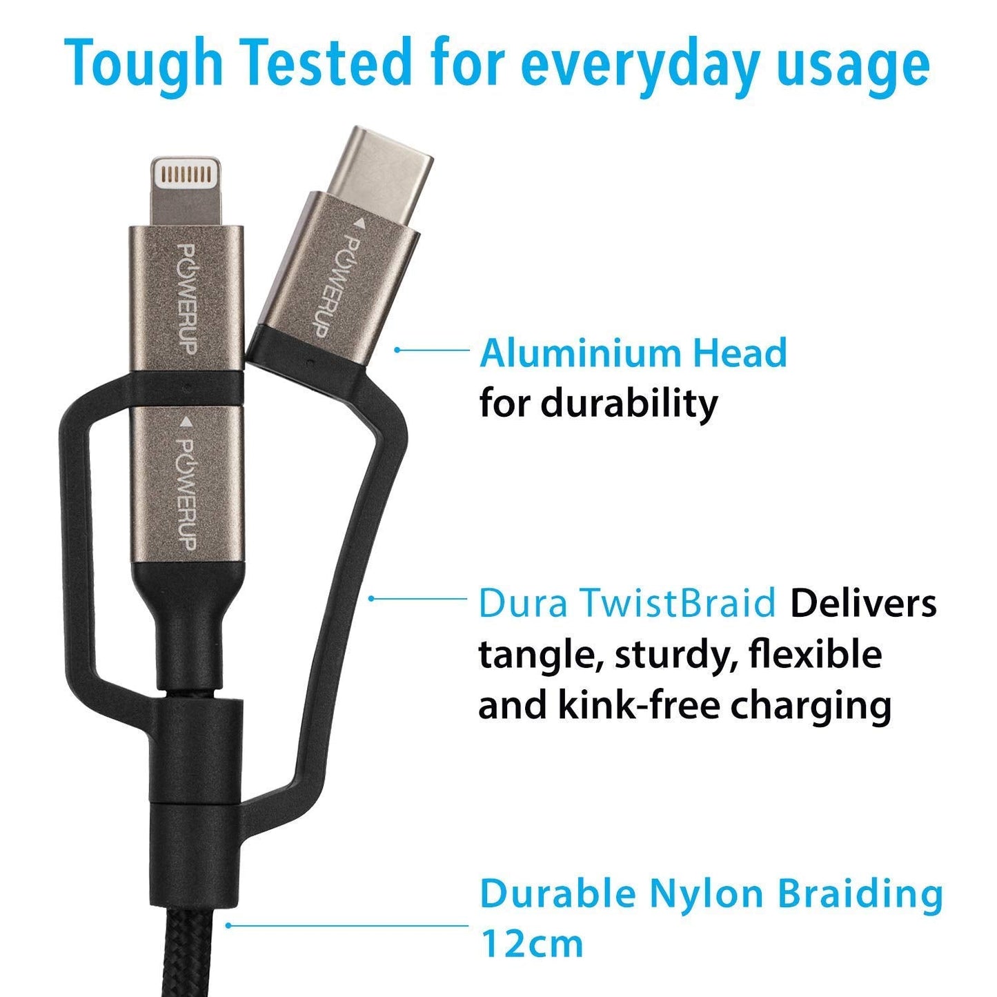 Powerup 3in1, 12cm Lenghth, 2.4a Charging & Sync Cable With 1 Years Warranty - Black