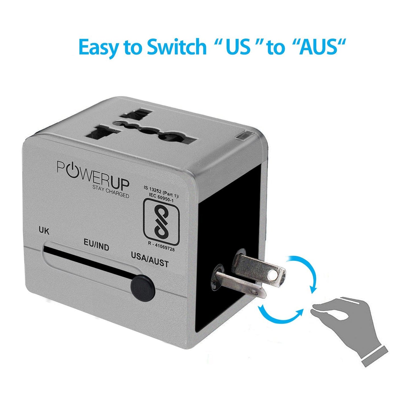 Powerup 2.1a World Travel Adapter Uk, Au, Us, Eu/ind With 2 Usb Port & Wall Charger - Silver