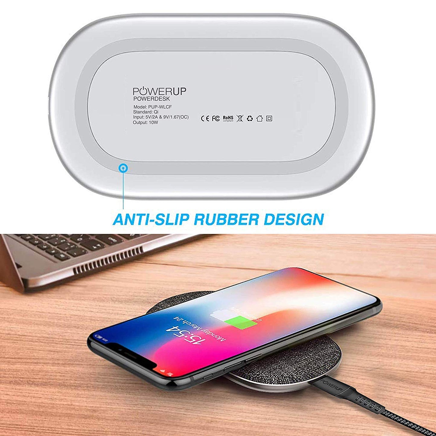 Powerup Power Desk Wireless Charger Dual Coil 15w Quick Charger - Grey