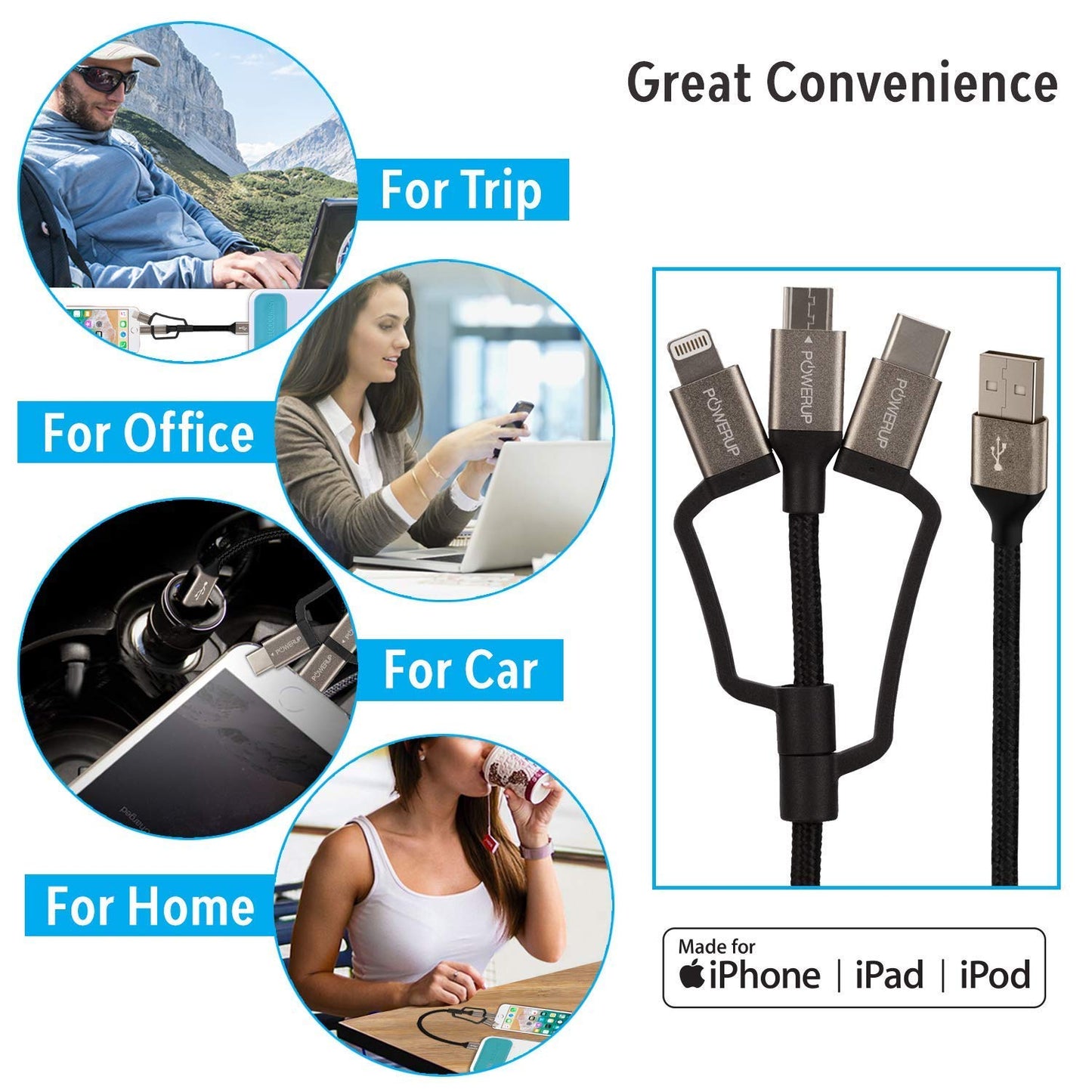 Powerup 3in1, 12cm Lenghth, 2.4a Charging & Sync Cable With 1 Years Warranty - Black