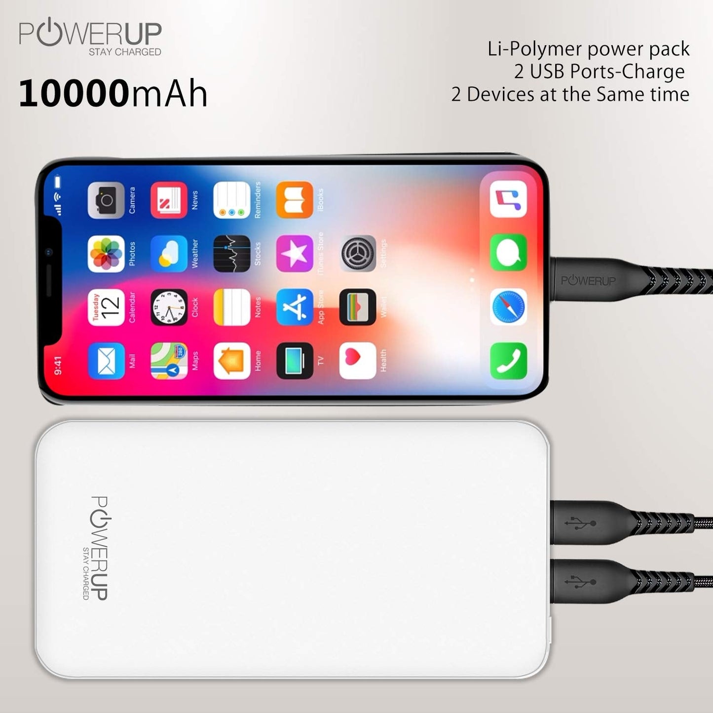 Powerup Powerpac 10000mah Power Bank With 2usb Port - White