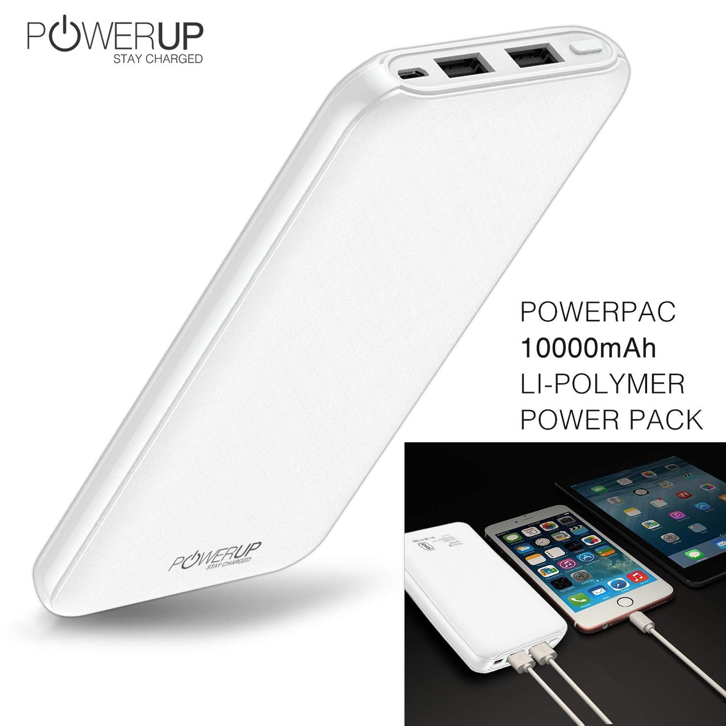 Powerup Powerpac 10000mah Power Bank With 2usb Port - White