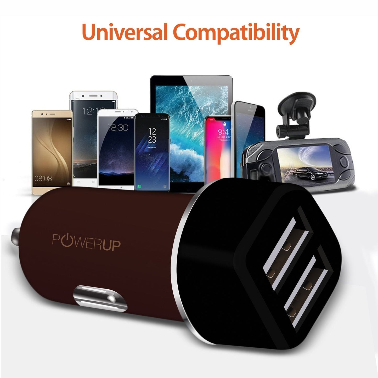 Powerup Mini Drive 3.4a Car Charger 17w 2usb Port Ultra Sleek Rubber Finish - Brown