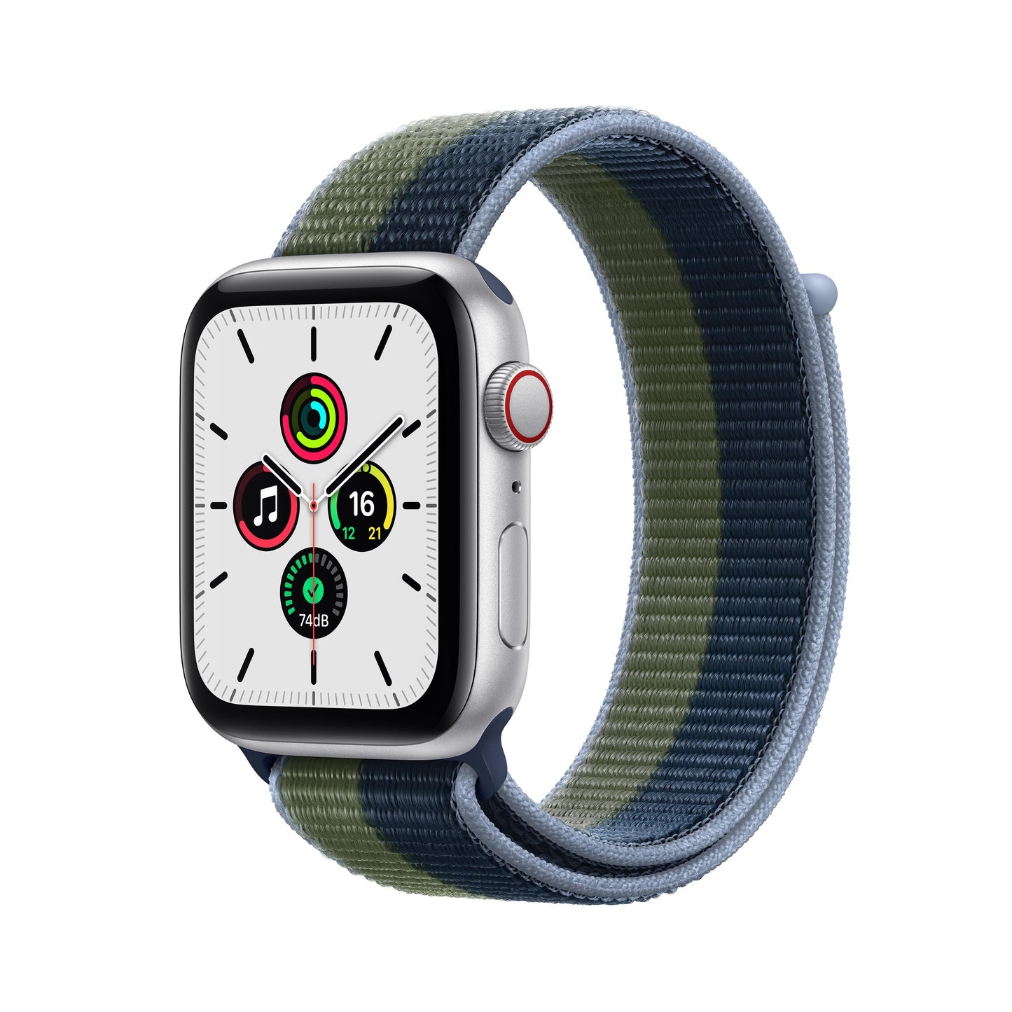 Apple Watch SE GPS + Cellular, 44mm Silver Aluminium Case with Abyss Blue/Moss Green Sport Loop